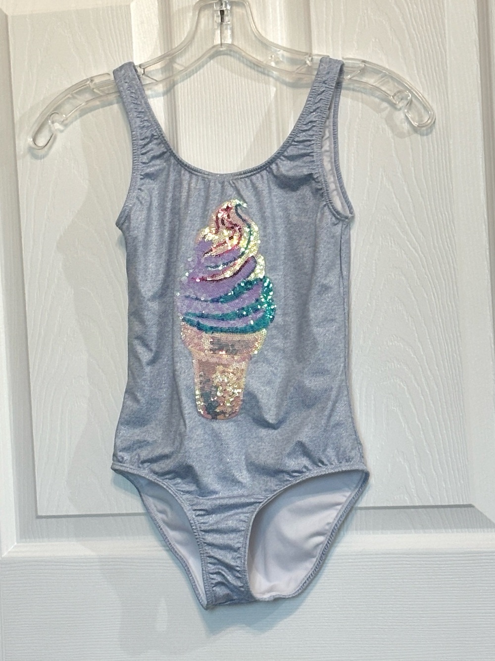 Pilyq Light Blue Girls One-Piece Swimsuit with Rainbow Sequin Ice Cream Cone 10